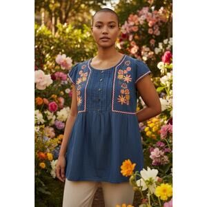 Angel + Premium L Denim Chambray Rick Rack Trim Embroidered Floral Blouse Boho